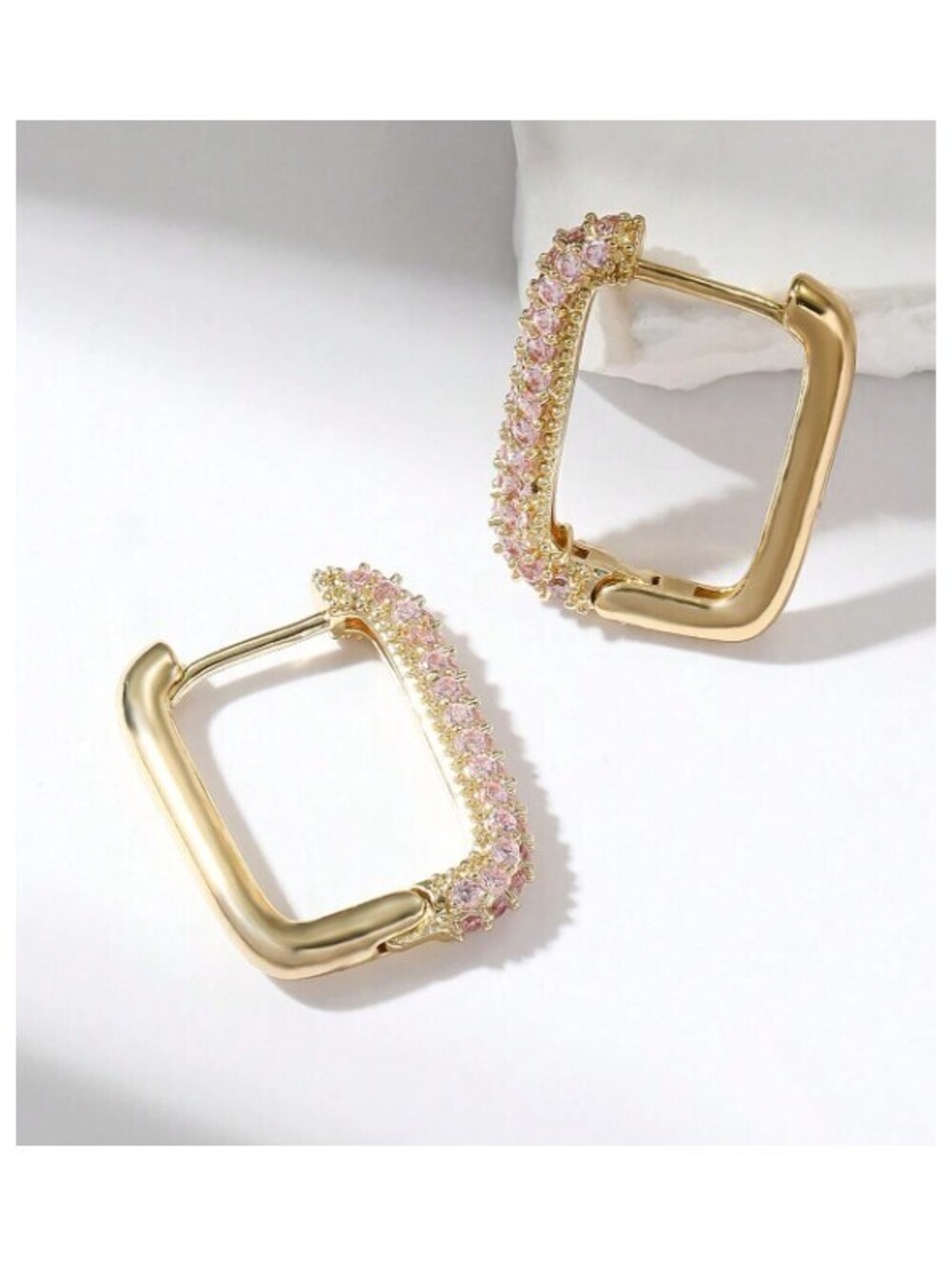 Pave rectangle hoop - Earrings - Silver - CZs - 1" - Picture 2 of 4